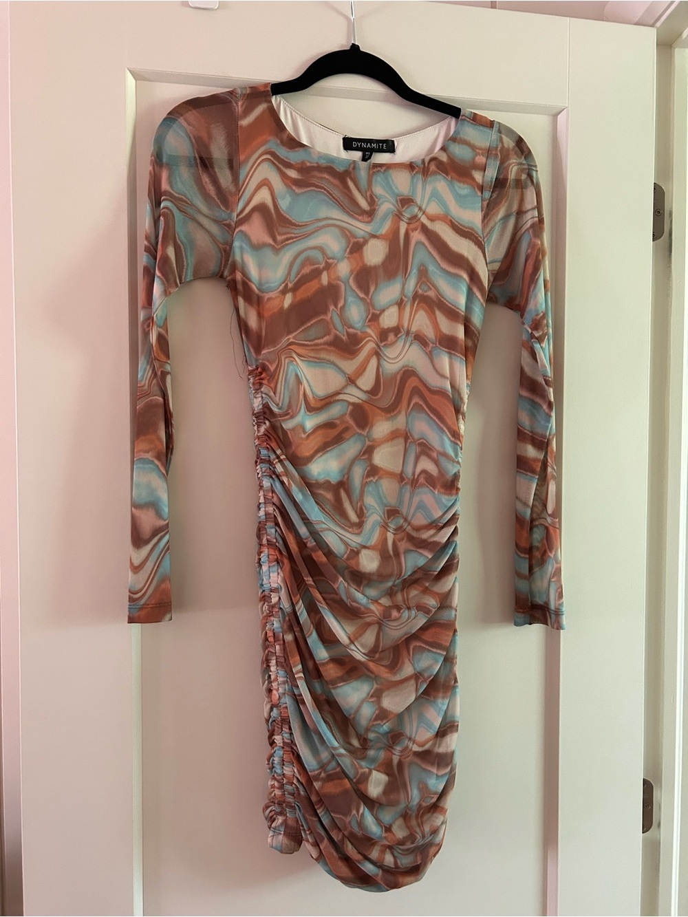 Dynamite Marble-Print Long Sleeve Ruched Bodycon Dress - Blue & Brown